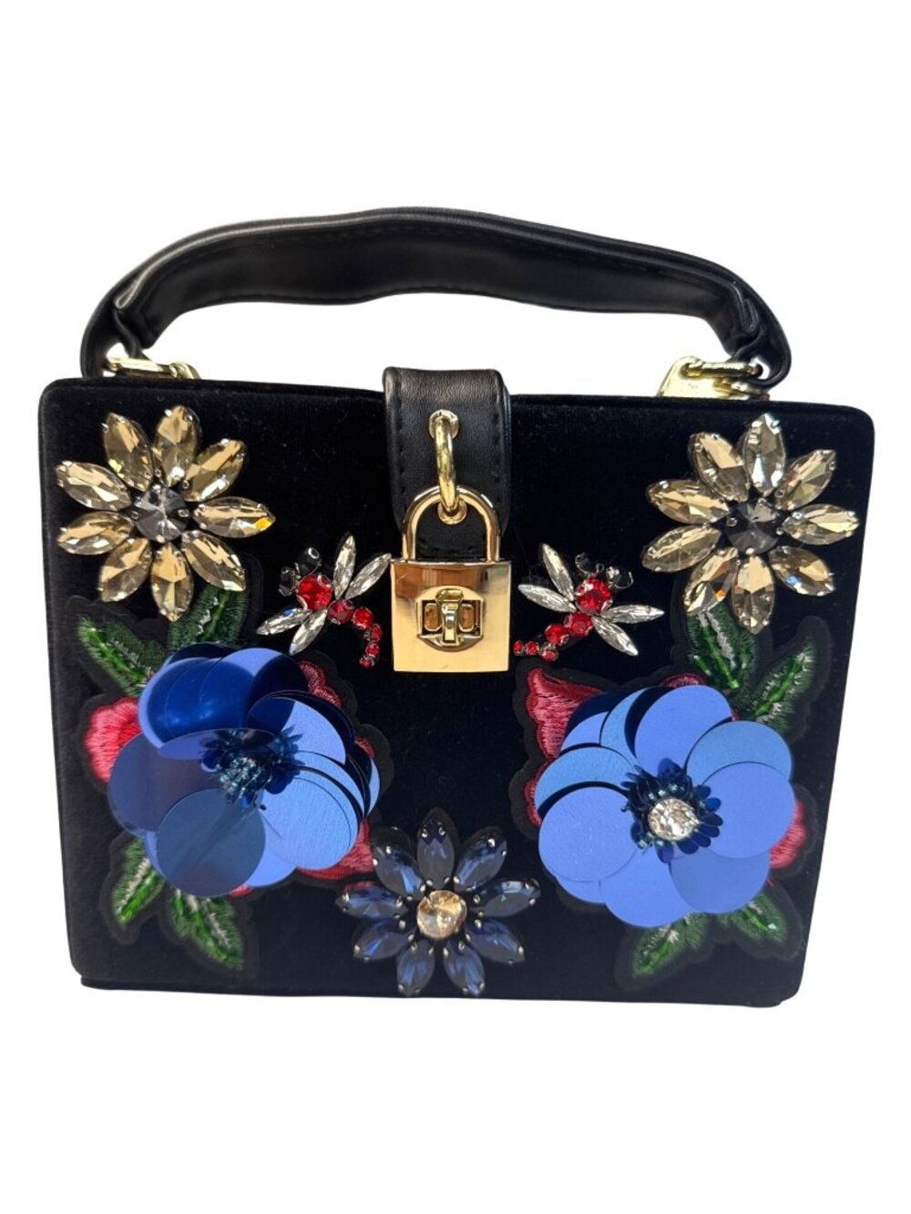 Cristina Sabatini Embellished Black Velvet Handbag W/Floral Appliques/Gem Accent